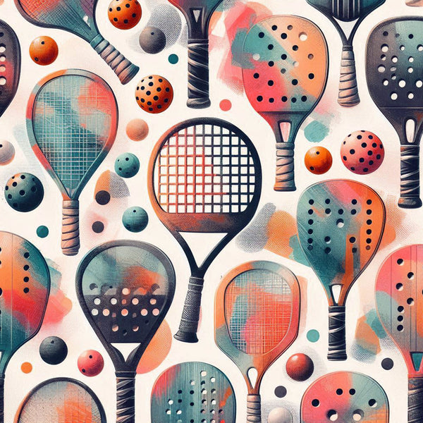 watercolor, pickleball, rackets, paddles, coral, teal, orange, geometric patterns, sports theme,, fabric panel, athletic, recreational, modern art style, circular motifs, dots, grid patterns, contemporary, vibrant colors, abstract elements