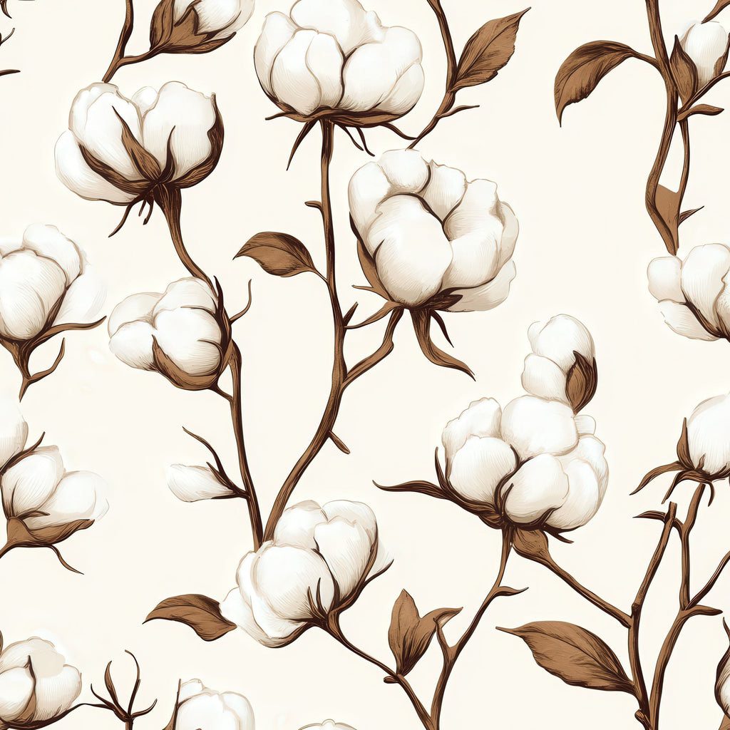 cotton bolls, botanical pattern, cream background, brown stems, white flowers, natural motifs, vintage illustration, seamless repeat,, fabric panel, floral design, farmhouse style, rustic aesthetic, organic shapes, neutral tones, country charm, agricultural theme, plant illustration, cotton plants, nature pattern
