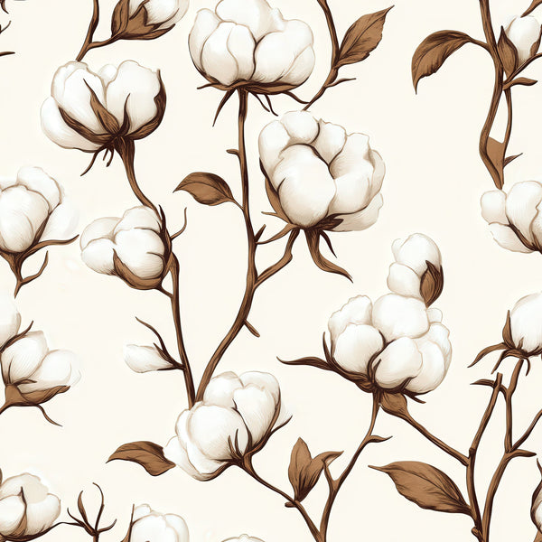 cotton bolls, botanical pattern, cream background, brown stems, white flowers, natural motifs, vintage illustration, seamless repeat,, fabric panel, floral design, farmhouse style, rustic aesthetic, organic shapes, neutral tones, country charm, agricultural theme, plant illustration, cotton plants, nature pattern