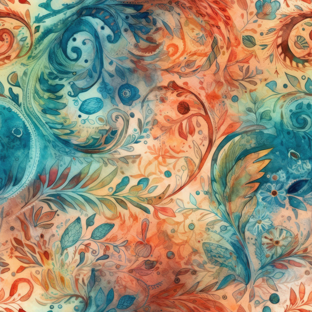 teal, coral, orange, cream, paisley, swirls, floral motifs, botanical, leaves, feathers, watercolor style, flowing design, organic patterns,, fabric panel, whimsical, artistic, nature inspired, decorative elements, curvilinear, ornamental