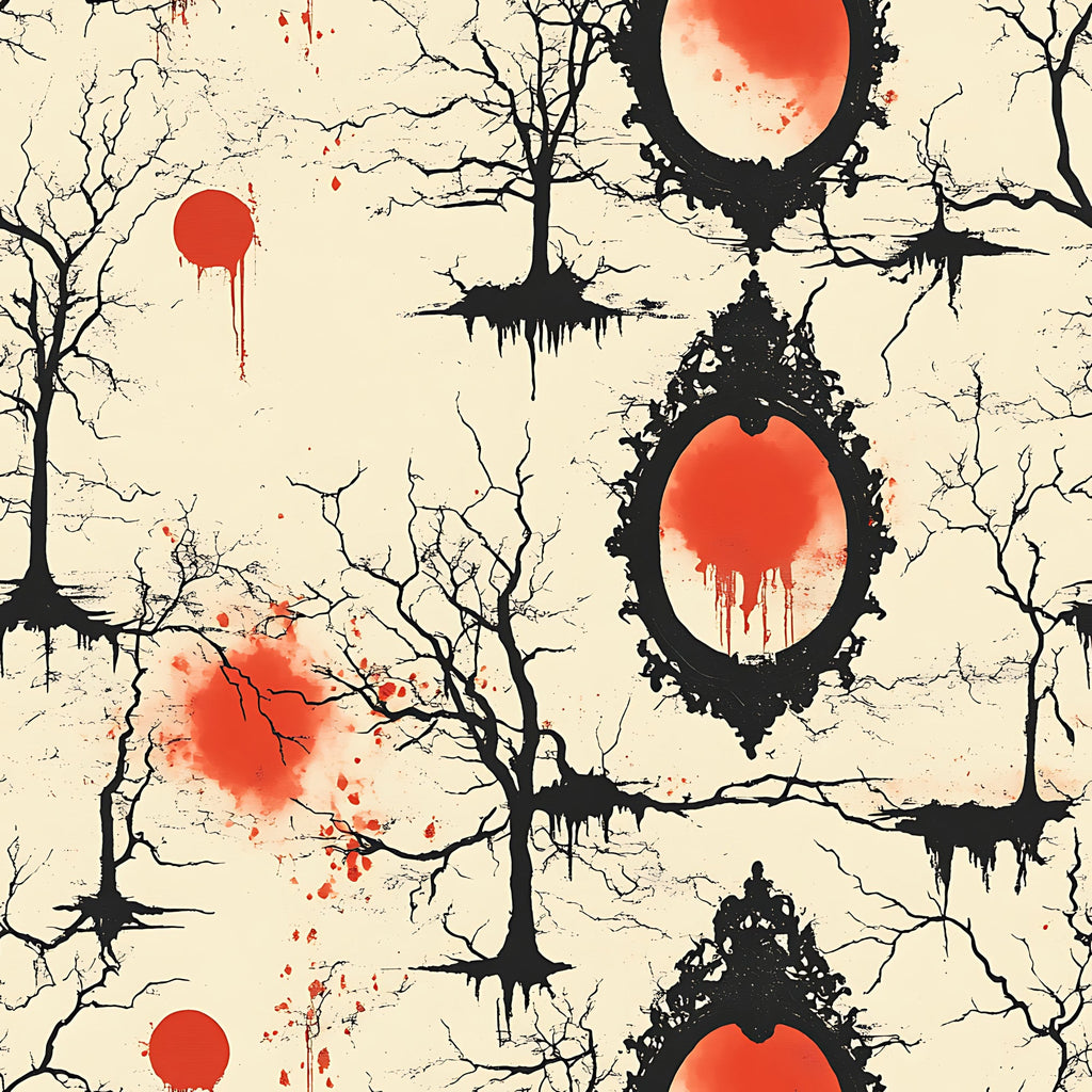 blood moon, crimson red, coral orange, cream beige, black silhouettes, bare trees, dripping effects, gothic mirrors, ornate frames, spooky atmosphere, halloween themed, horror aesthetic,, fabric panel, creepy woodland, haunted manor, macabre design, dripping blood, eerie branches, supernatural mood