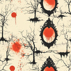 blood moon, crimson red, coral orange, cream beige, black silhouettes, bare trees, dripping effects, gothic mirrors, ornate frames, spooky atmosphere, halloween themed, horror aesthetic,, fabric panel, creepy woodland, haunted manor, macabre design, dripping blood, eerie branches, supernatural mood
