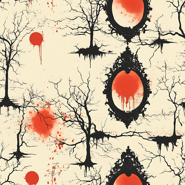 blood moon, crimson red, coral orange, cream beige, black silhouettes, bare trees, dripping effects, gothic mirrors, ornate frames, spooky atmosphere, halloween themed, horror aesthetic,, fabric panel, creepy woodland, haunted manor, macabre design, dripping blood, eerie branches, supernatural mood