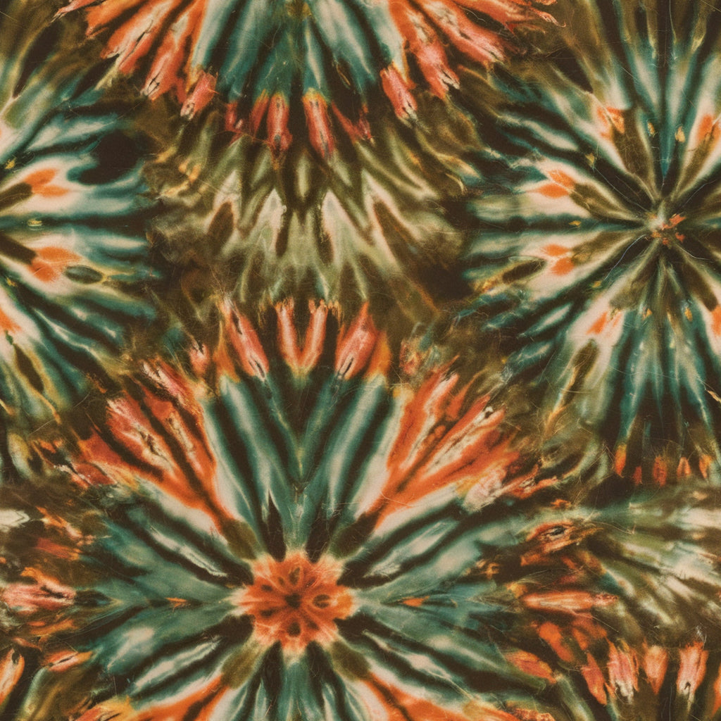 tie dye, retro,, fabric panel, orange, teal, green, brown, radiating pattern, starburst design, psychedelic, 1960s style, hippie aesthetic, circular motifs, kaleidoscope effect, bohemian, vintage inspired, groovy pattern, swirling colors, abstract design