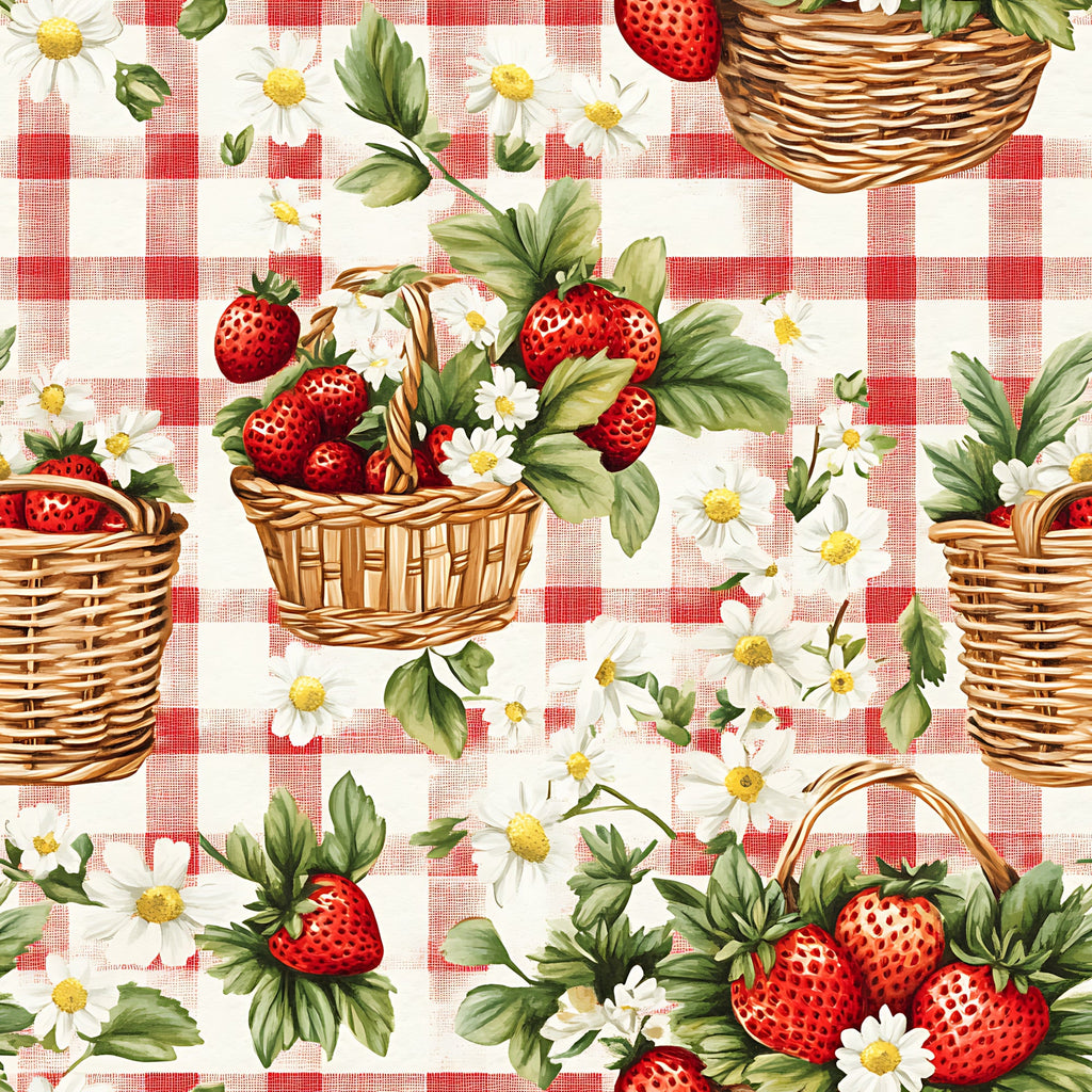 red, white, strawberries, gingham, checkered pattern, wicker baskets, daisy flowers, picnic theme, summer motif,, fabric panel, botanical elements, green leaves, yellow centers, cottage core, country style, repeating pattern, vintage inspired, kitchen theme, pastoral design