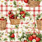 red, white, strawberries, gingham, checkered pattern, wicker baskets, daisy flowers, picnic theme, summer motif,, fabric panel, botanical elements, green leaves, yellow centers, cottage core, country style, repeating pattern, vintage inspired, kitchen theme, pastoral design