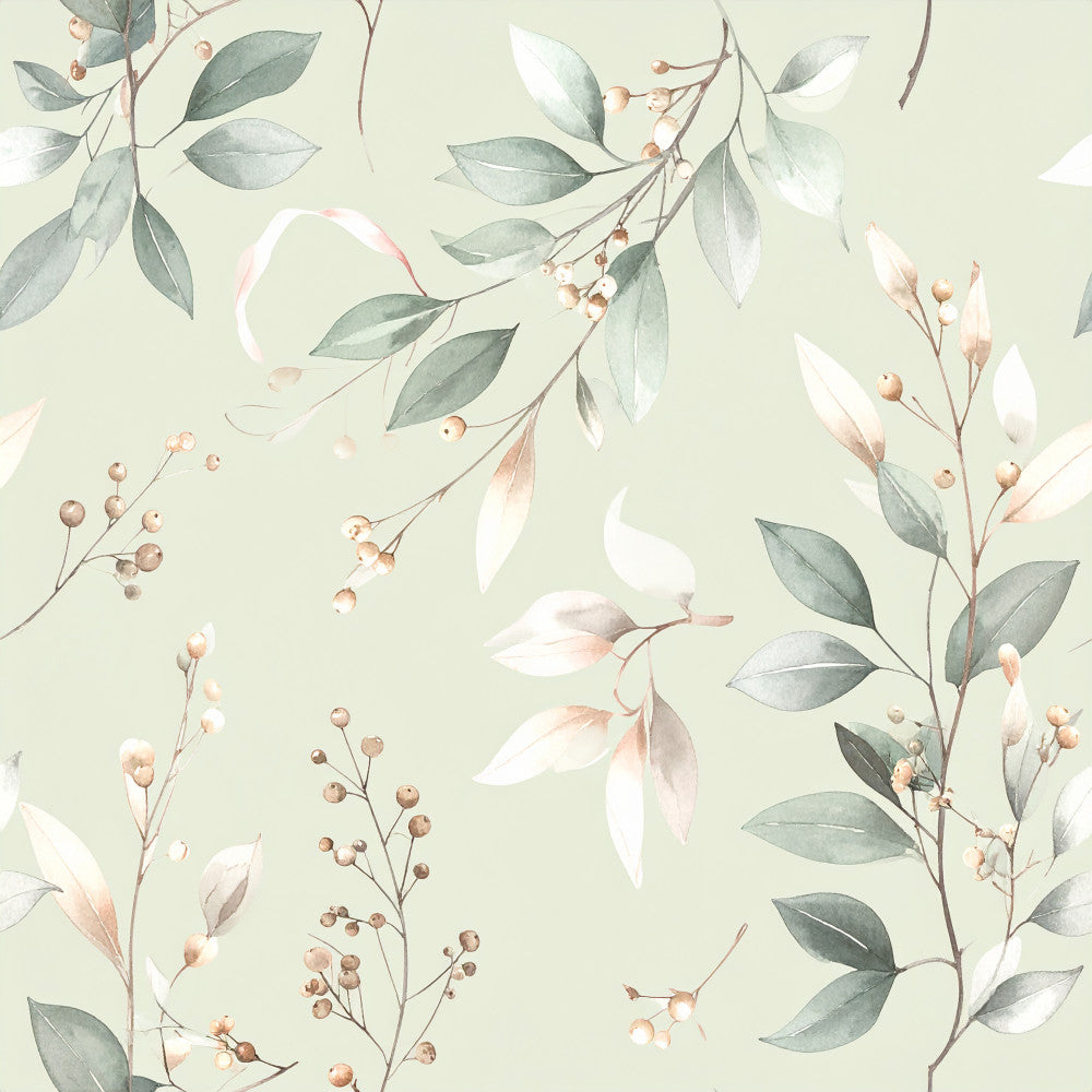 sage green, dusty rose, blush pink, cream, soft gray, botanical, floral, watercolor, leaves, berries, delicate branches, nature, spring, soft, elegant, romantic, gentle, vintage, botanical illustration, nursery, baby, calming, peaceful, minimalist, cottage core, natural, whimsical, botanical print, pastel colors