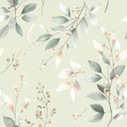 sage green, dusty rose, blush pink, cream, soft gray, botanical, floral, watercolor, leaves, berries, delicate branches, nature, spring, soft, elegant, romantic, gentle, vintage, botanical illustration, nursery, baby, calming, peaceful, minimalist, cottage core, natural, whimsical, botanical print, pastel colors