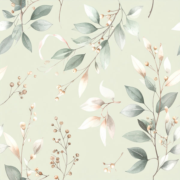 sage green, dusty rose, blush pink, cream, soft gray, botanical, floral, watercolor, leaves, berries, delicate branches, nature, spring, soft, elegant, romantic, gentle, vintage, botanical illustration, nursery, baby, calming, peaceful, minimalist, cottage core, natural, whimsical, botanical print, pastel colors