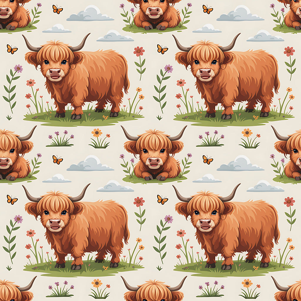 orange, brown, cream, beige, highland cattle, scottish cows, horned cattle, cartoon animals, cute illustrations, pastoral scene, flowers, butterflies, clouds, grass, meadow, repeating pattern,, fabric panel, whimsical style, children's design, farm animals, nature motifs