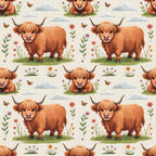 orange, brown, cream, beige, highland cattle, scottish cows, horned cattle, cartoon animals, cute illustrations, pastoral scene, flowers, butterflies, clouds, grass, meadow, repeating pattern,, fabric panel, whimsical style, children's design, farm animals, nature motifs
