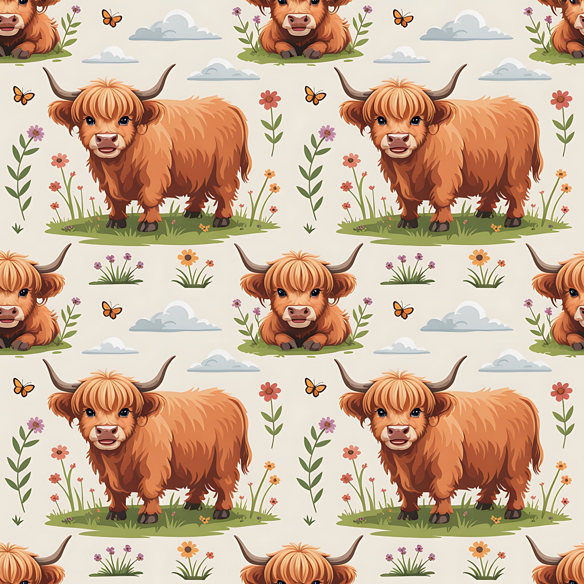 orange, brown, cream, beige, highland cattle, scottish cows, horned cattle, cartoon animals, cute illustrations, pastoral scene, flowers, butterflies, clouds, grass, meadow, repeating pattern,, fabric panel, whimsical style, children's design, farm animals, nature motifs
