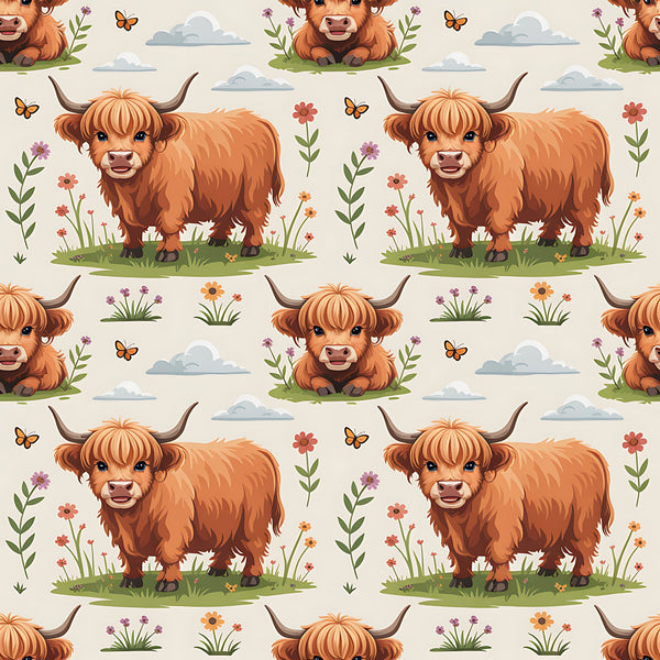 orange, brown, cream, beige, highland cattle, scottish cows, horned cattle, cartoon animals, cute illustrations, pastoral scene, flowers, butterflies, clouds, grass, meadow, repeating pattern,, fabric panel, whimsical style, children's design, farm animals, nature motifs