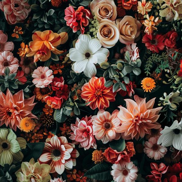 realistic flowers, floral pattern, autumn colors, coral roses, white dogwood, orange dahlias, burgundy blooms, peach tones, botanical design, dense arrangement,, fabric panel, vintage mood, garden flowers, mixed florals, warm palette, nature motifs, craft fabric, sewing material