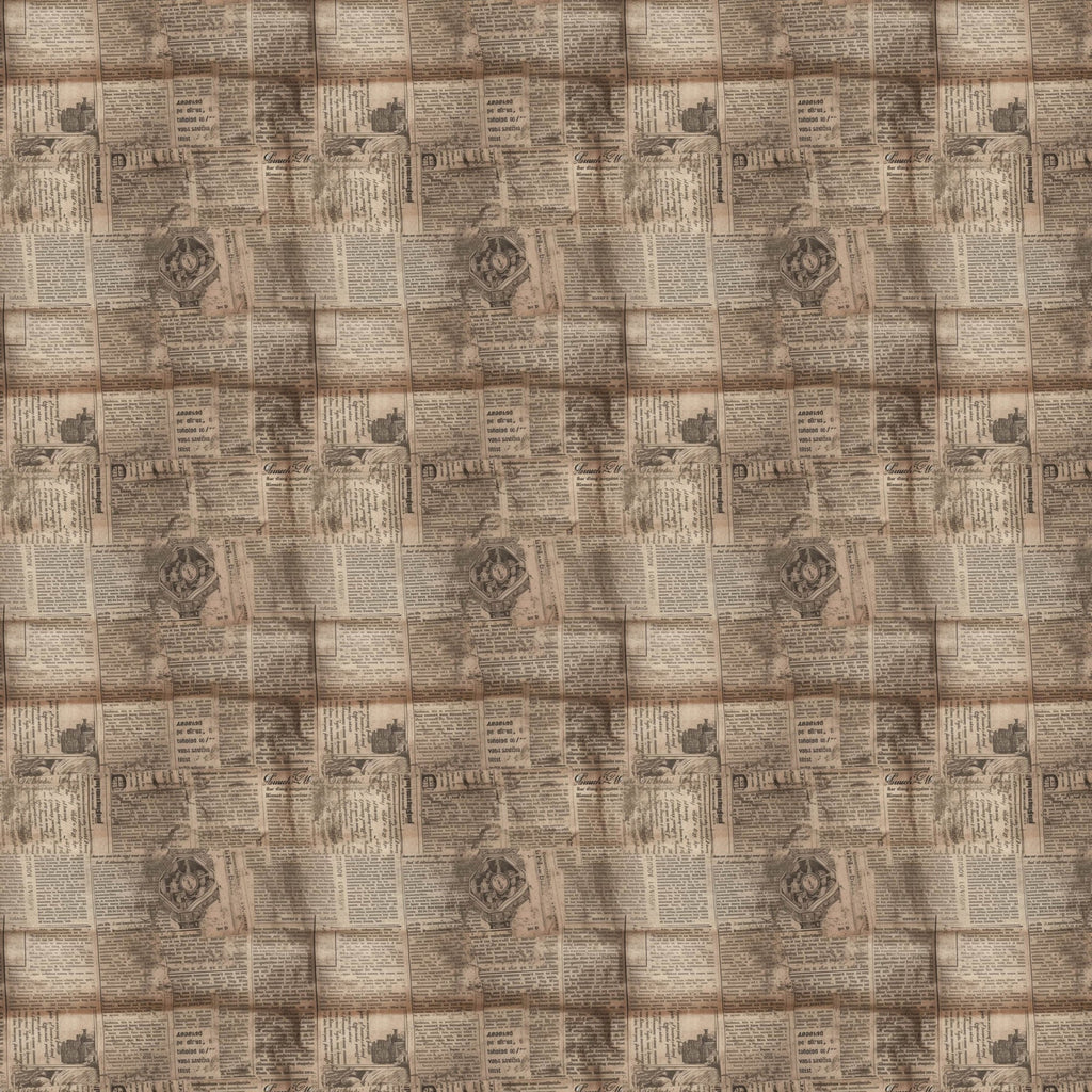 vintage newspapers, sepia tones, beige, tan, brown, aged paper, newsprint pattern,, fabric panel, antique style, weathered appearance, text columns, retro design, historical theme, patchwork squares, nostalgic mood, crafting material, sewing fabric, repetitive pattern, old-fashioned