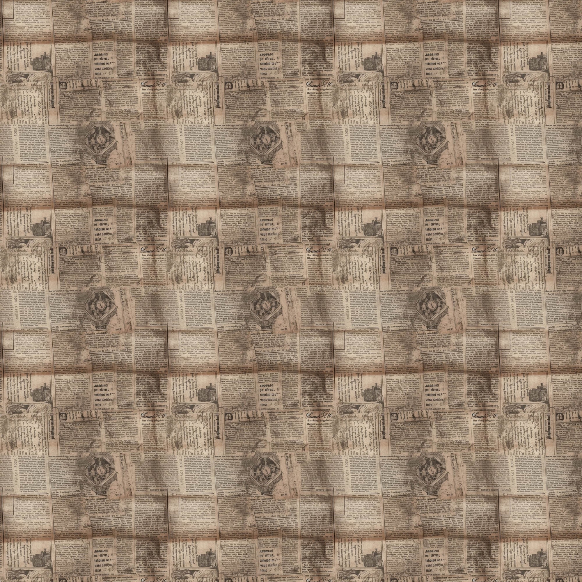 vintage newspapers, sepia tones, beige, tan, brown, aged paper, newsprint pattern,, fabric panel, antique style, weathered appearance, text columns, retro design, historical theme, patchwork squares, nostalgic mood, crafting material, sewing fabric, repetitive pattern, old-fashioned