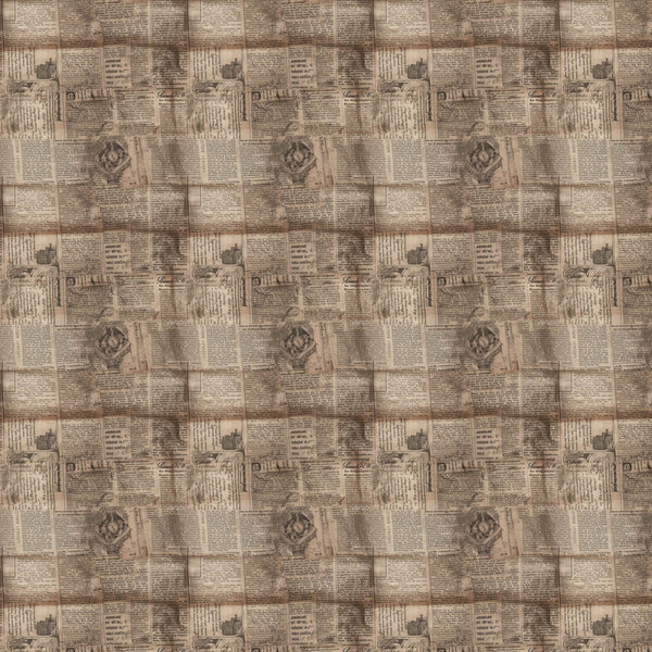 vintage newspapers, sepia tones, beige, tan, brown, aged paper, newsprint pattern,, fabric panel, antique style, weathered appearance, text columns, retro design, historical theme, patchwork squares, nostalgic mood, crafting material, sewing fabric, repetitive pattern, old-fashioned