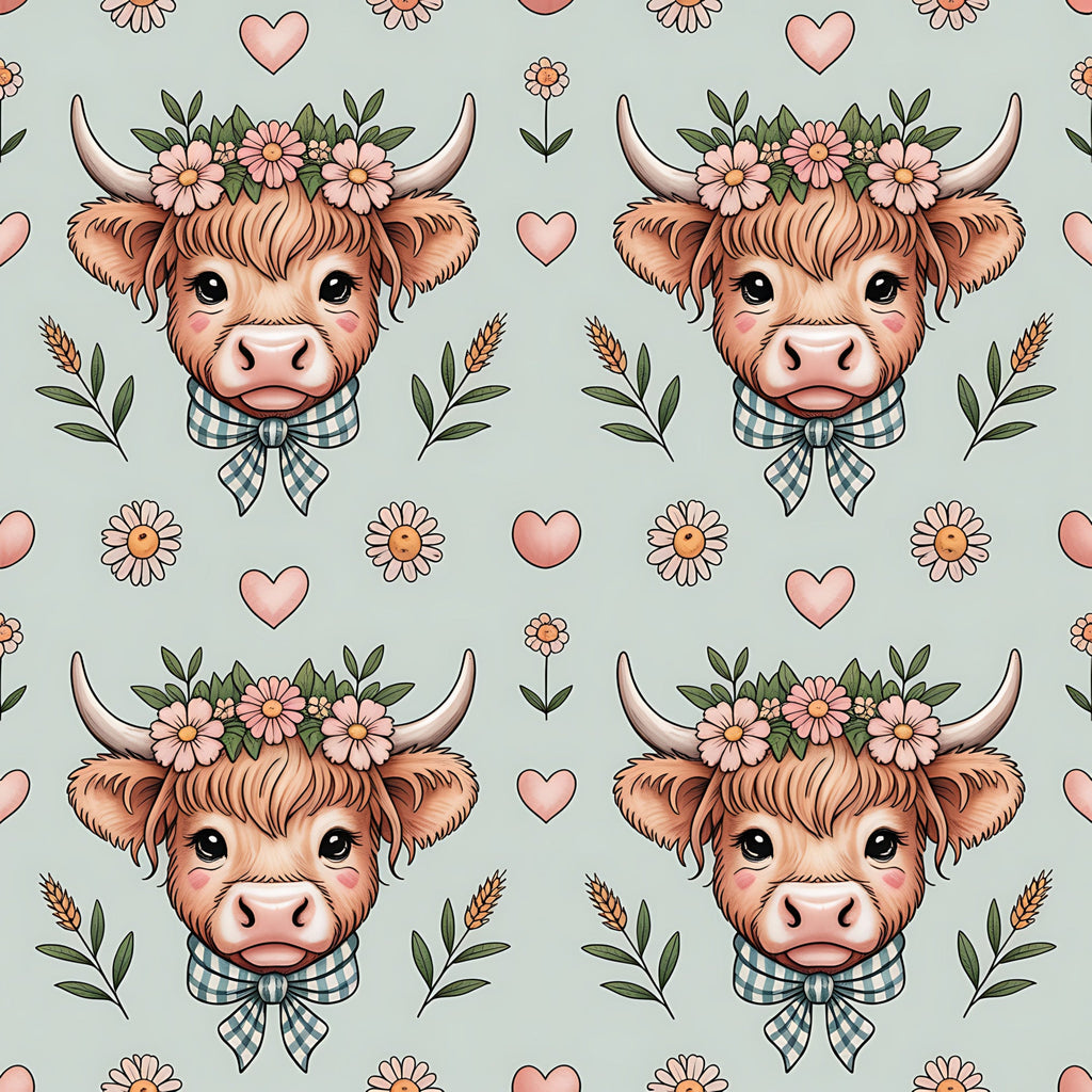 highland cow, flower crown, plaid bow tie, pink hearts, sage green, coral pink, brown fur, horns, daisies, wheat stalks, cottage core, farm animals, floral pattern,, fabric panel, pastoral theme, cute animals, repeating pattern, soft colors, country style