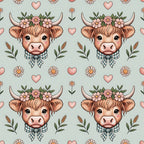 highland cow, flower crown, plaid bow tie, pink hearts, sage green, coral pink, brown fur, horns, daisies, wheat stalks, cottage core, farm animals, floral pattern,, fabric panel, pastoral theme, cute animals, repeating pattern, soft colors, country style