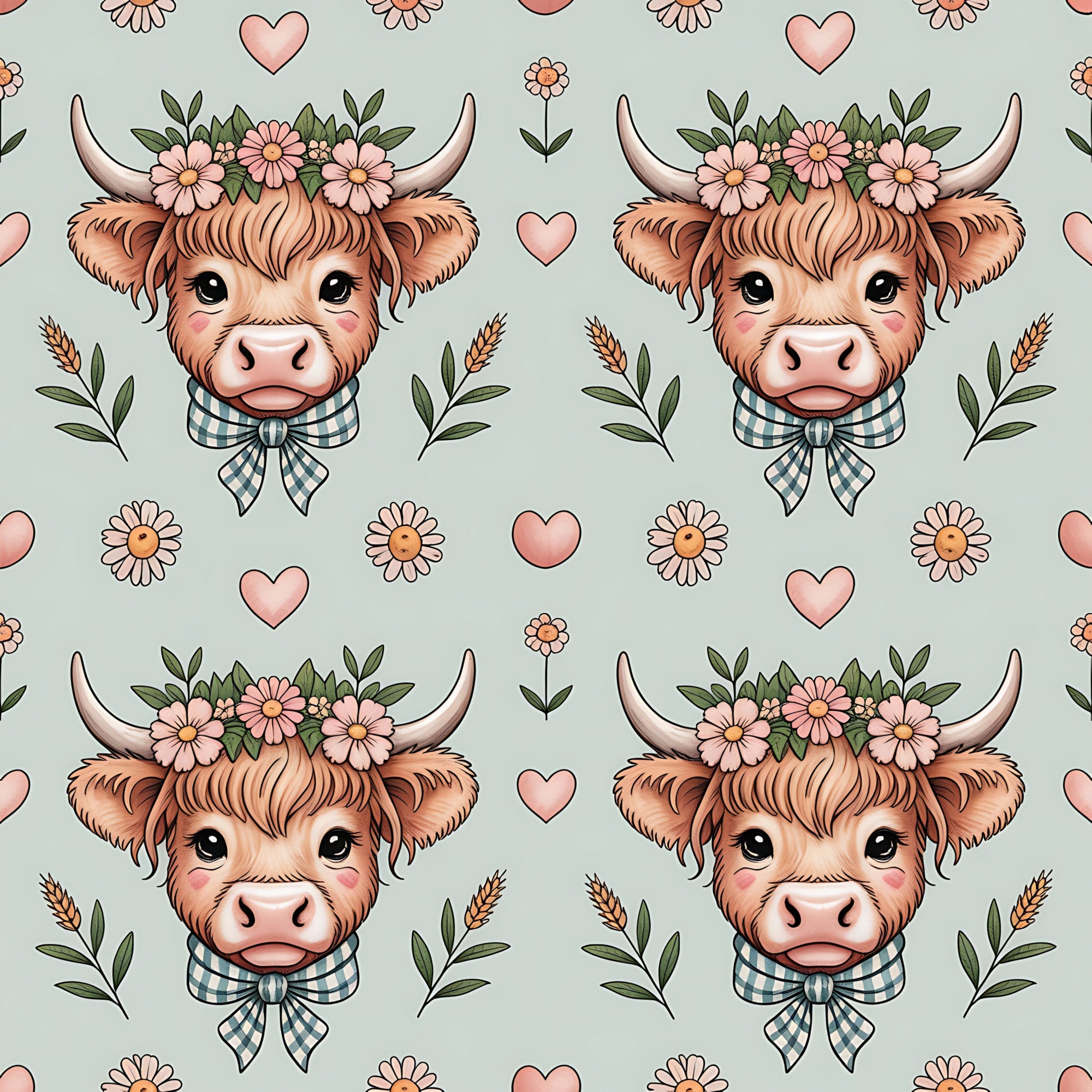 highland cow, flower crown, plaid bow tie, pink hearts, sage green, coral pink, brown fur, horns, daisies, wheat stalks, cottage core, farm animals, floral pattern,, fabric panel, pastoral theme, cute animals, repeating pattern, soft colors, country style