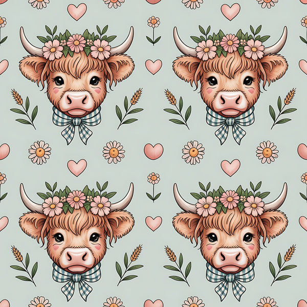highland cow, flower crown, plaid bow tie, pink hearts, sage green, coral pink, brown fur, horns, daisies, wheat stalks, cottage core, farm animals, floral pattern,, fabric panel, pastoral theme, cute animals, repeating pattern, soft colors, country style