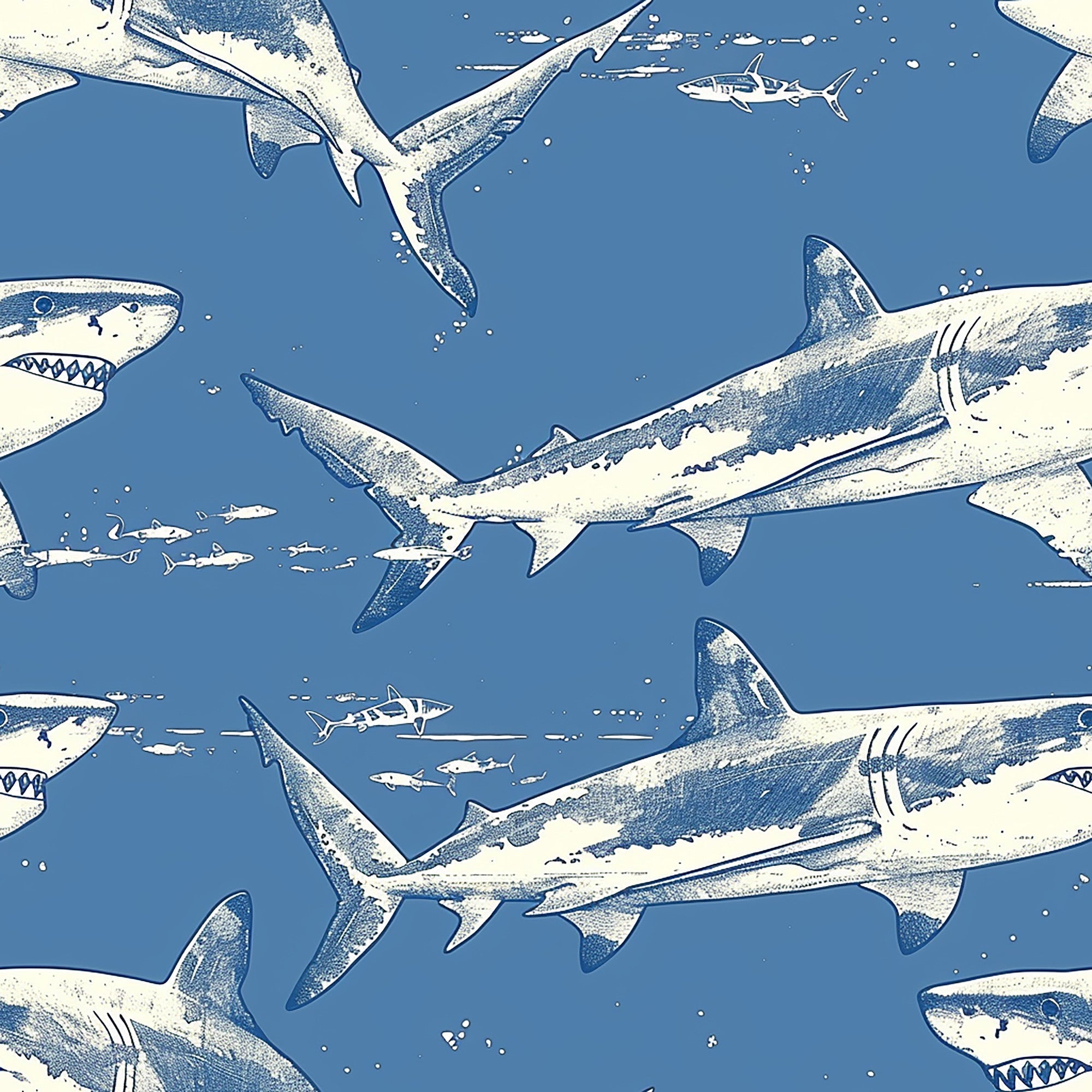 blue background, white sharks, ocean scene, marine life, swimming sharks, nautical theme, sea creatures, underwater pattern,, fabric panel, aquatic design, shark silhouettes, ocean blue, coastal theme, fish swimming, maritime pattern, sea life motif, water bubbles, ocean depths, predator fish