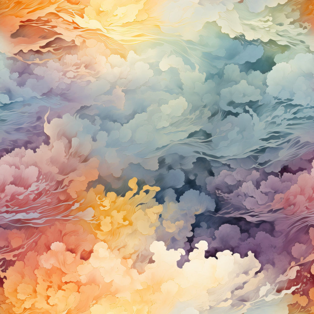 colorful clouds, watercolor style, orange hues, purple tones, blue shades, yellow accents, pink colors, abstract design, sky pattern, dreamy atmosphere, flowing movement, soft gradients,, fabric panel, artistic clouds, pastel colors, ethereal mood, swirling patterns, celestial theme, cotton fabric