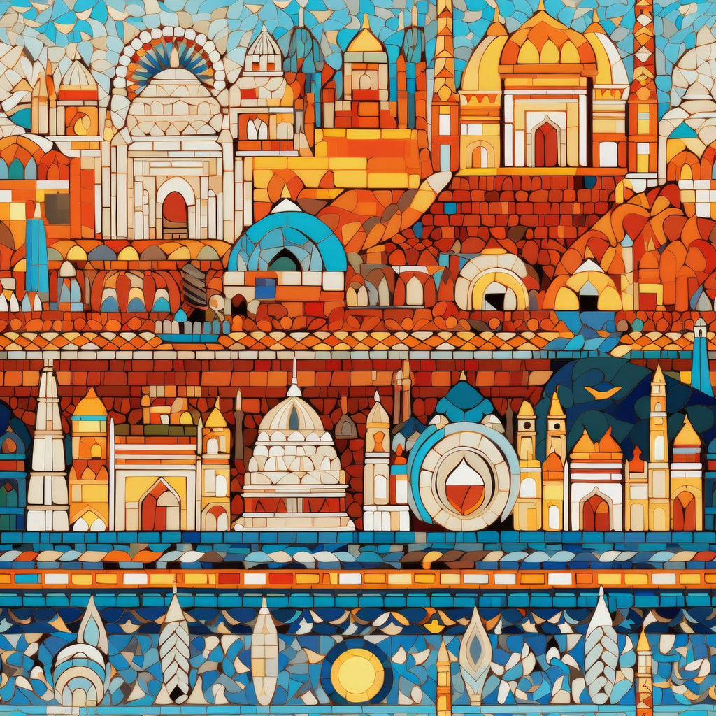 mosaic pattern, stained glass, architectural elements, domes, arches, geometric shapes, orange, turquoise, blue, cream, terra cotta,, fabric panel, medieval buildings, byzantine style, decorative tiles, warm tones, cool blues, artistic design, ornate structures