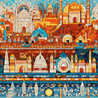 mosaic pattern, stained glass, architectural elements, domes, arches, geometric shapes, orange, turquoise, blue, cream, terra cotta,, fabric panel, medieval buildings, byzantine style, decorative tiles, warm tones, cool blues, artistic design, ornate structures