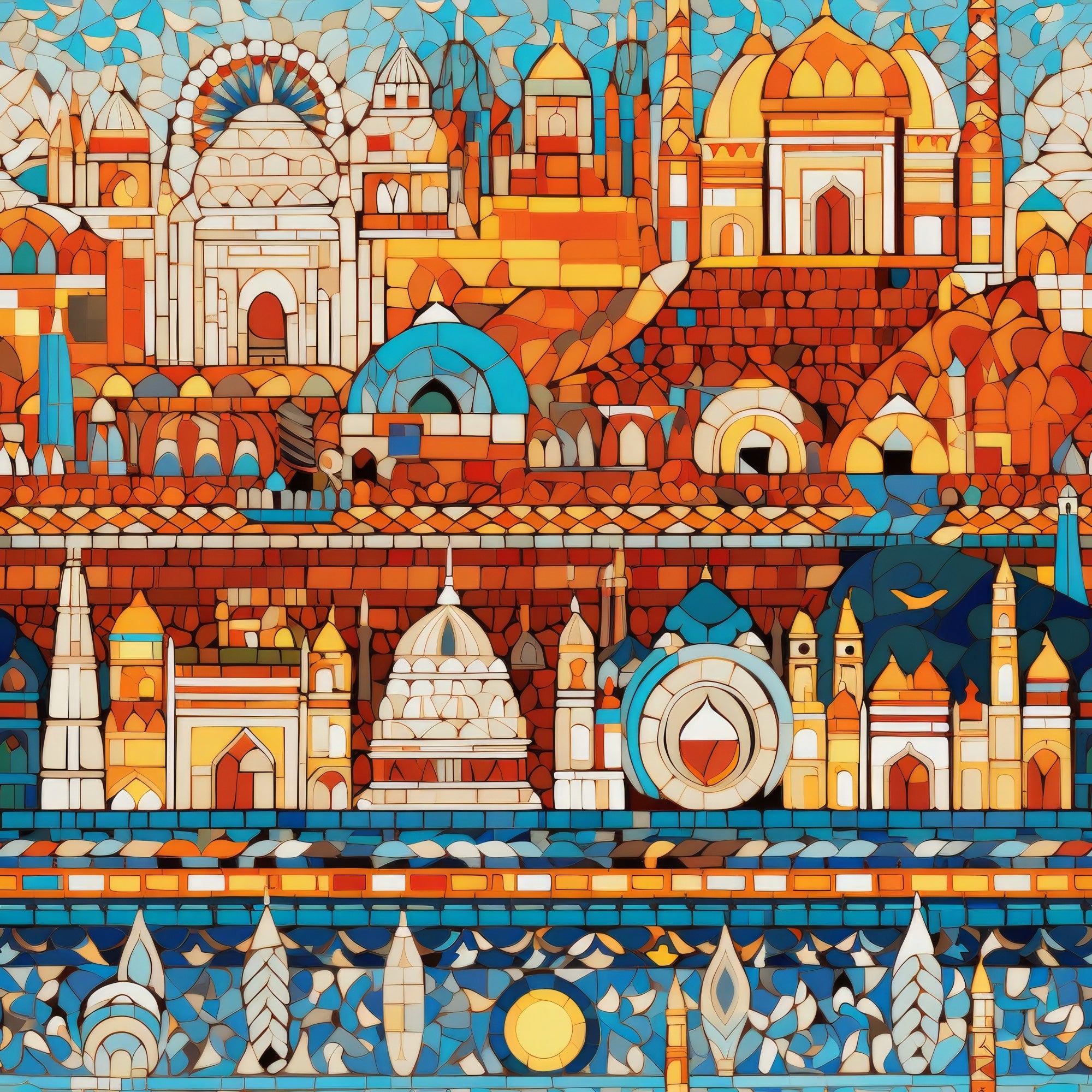 mosaic pattern, stained glass, architectural elements, domes, arches, geometric shapes, orange, turquoise, blue, cream, terra cotta,, fabric panel, medieval buildings, byzantine style, decorative tiles, warm tones, cool blues, artistic design, ornate structures