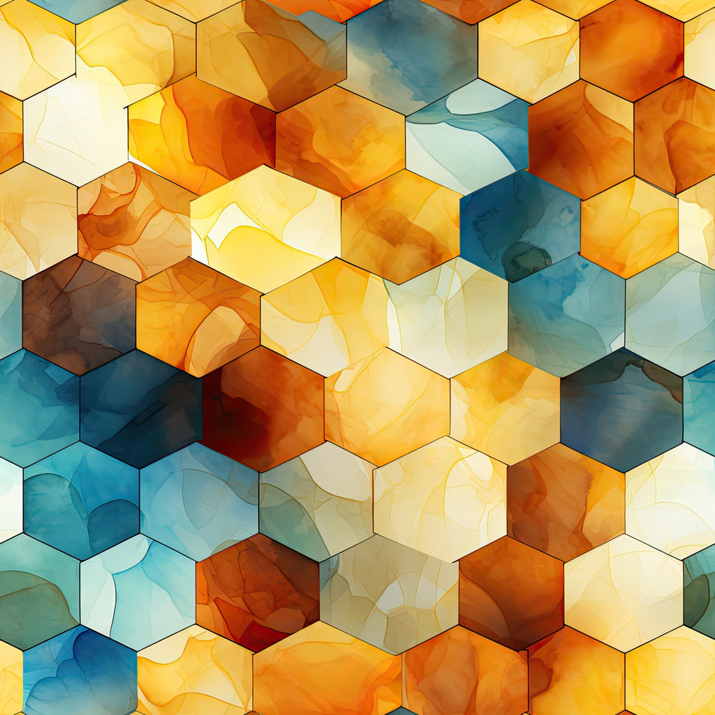 watercolor, honeycomb pattern, hexagonal shapes, geometric design, orange, amber, golden yellow, teal blue, turquoise, burnt orange, cream, beige, gradient colors, abstract art,, fabric panel, modern design, contemporary style, flowing watercolors, artistic pattern