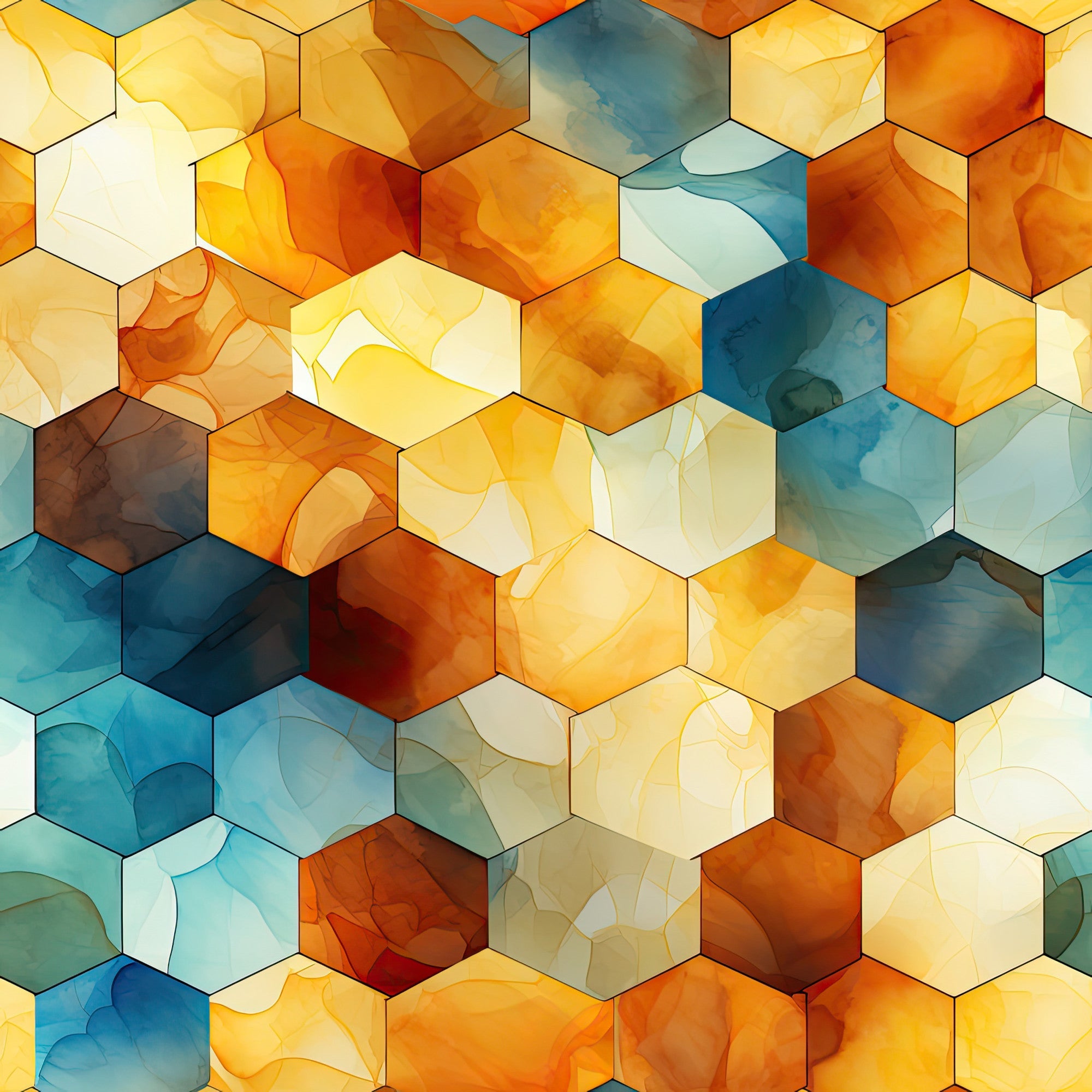 watercolor, honeycomb pattern, hexagonal shapes, geometric design, orange, amber, golden yellow, teal blue, turquoise, burnt orange, cream, beige, gradient colors, abstract art,, fabric panel, modern design, contemporary style, flowing watercolors, artistic pattern