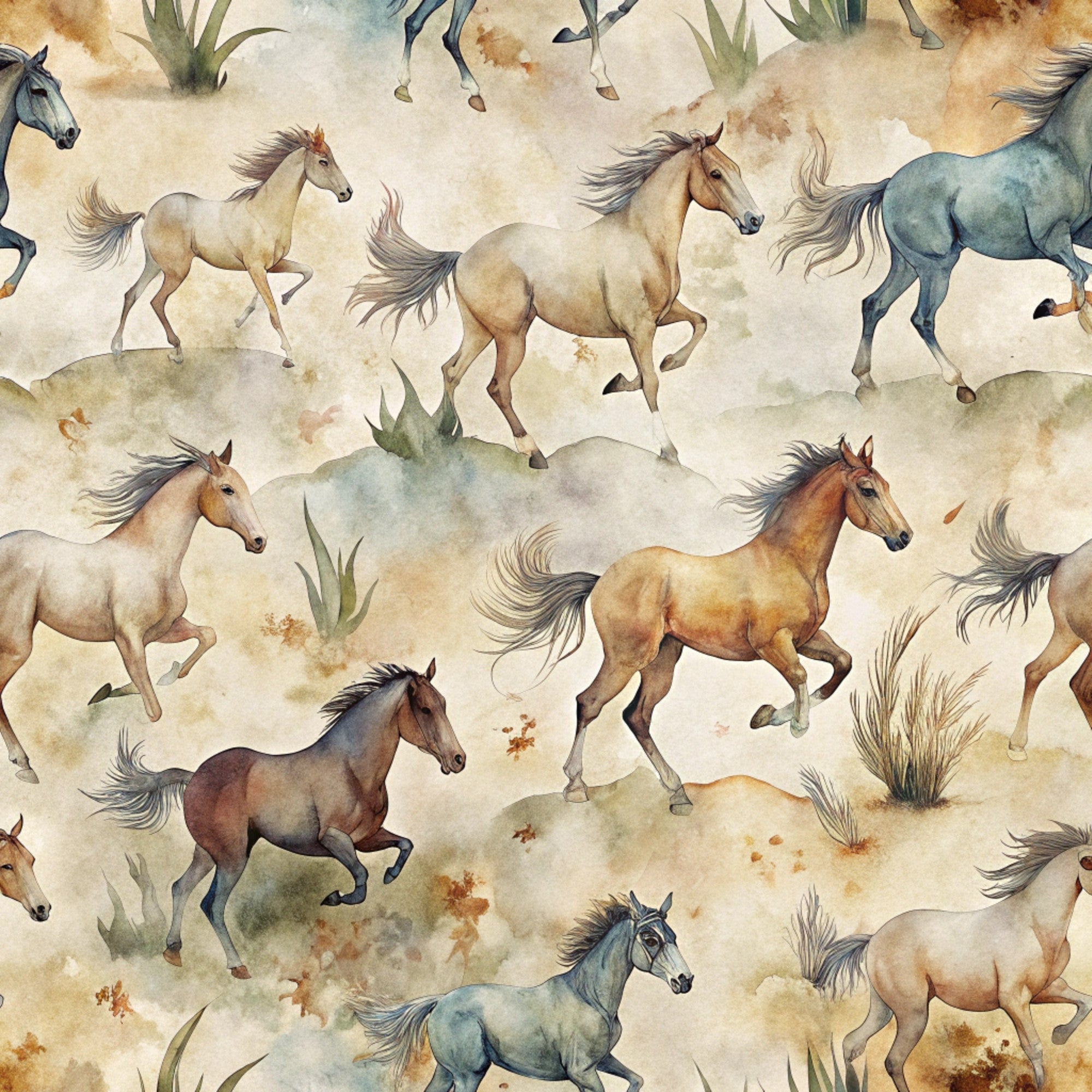 wild horses, running horses, watercolor style, beige background, brown horses, blue horses, cream colored, dusty plains, western theme, equine pattern, galloping motion, prairie grass, earth tones, quilting cotton, fabric panel, seamless repeat, rustic colors, flowing manes, desert landscape, soft pastels