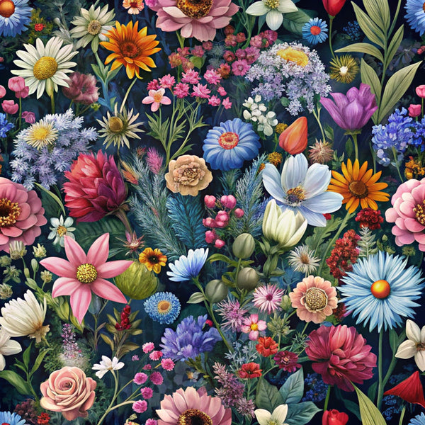 realistic flowers, botanical pattern,, fabric panel, floral design, daisies, roses, tulips, cosmos flowers, wildflowers, navy background, pink petals, blue blooms, white flowers, orange blossoms, purple florals, red roses, yellow centers, green foliage, dense floral, garden flowers, spring blooms, detailed illustration, naturalistic style, vibrant colors