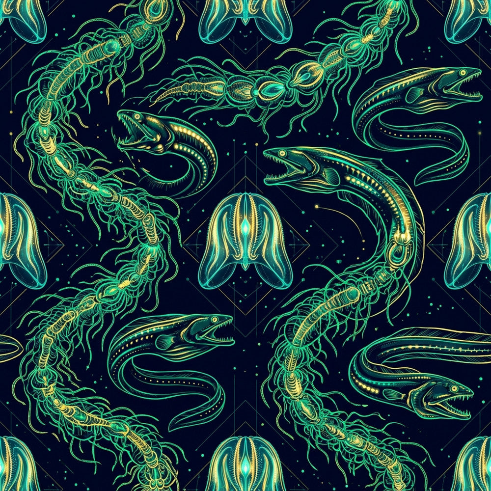 navy blue, neon green, lime green, yellow-green, bioluminescent, glow-in-the-dark, deep blue, celestial, ocean, sea creatures, jellyfish, eels, fish, marine life, underwater, sci-fi, futuristic, neon, glowing, bioluminescence, cosmic, deep sea, nautical, creatures, animals, fantasy, whimsical, modern, playroom, kids room