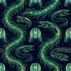 navy blue, neon green, lime green, yellow-green, bioluminescent, glow-in-the-dark, deep blue, celestial, ocean, sea creatures, jellyfish, eels, fish, marine life, underwater, sci-fi, futuristic, neon, glowing, bioluminescence, cosmic, deep sea, nautical, creatures, animals, fantasy, whimsical, modern, playroom, kids room