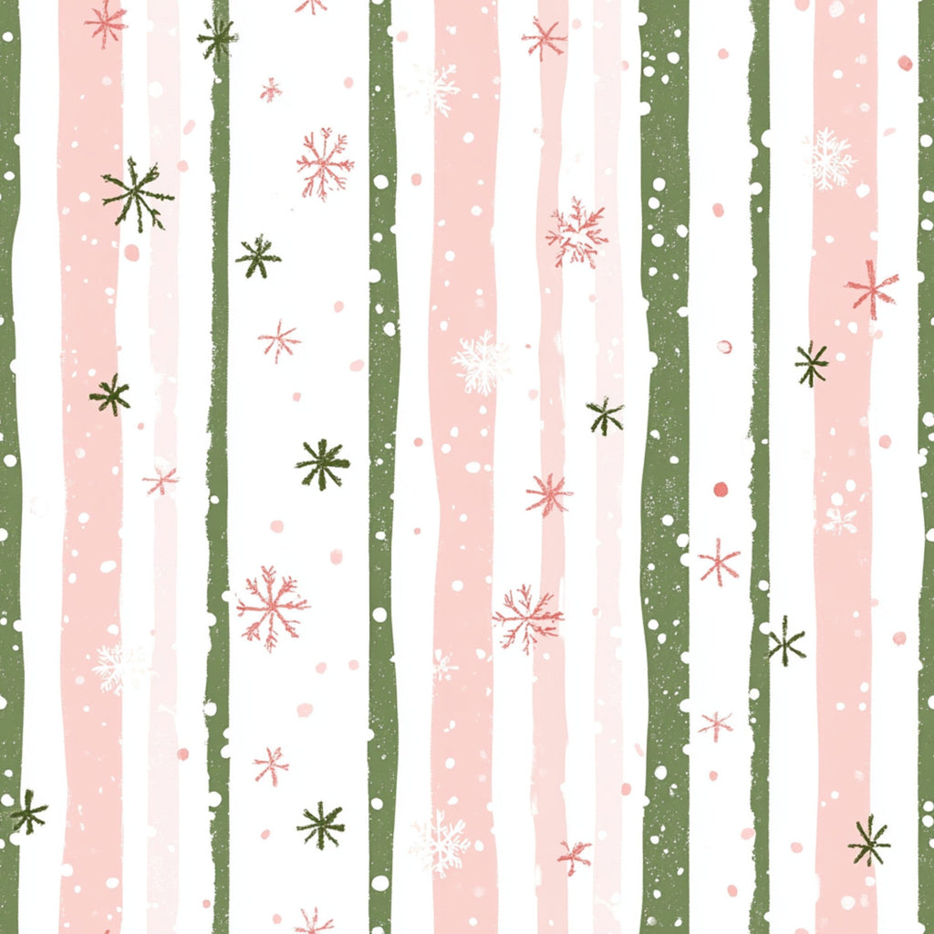 sweet pink, sage green, white, vertical stripes, snowflakes, winter motifs, polka dots,, fabric panel, christmas pattern, holiday design, festive snowflakes, soft pastels, winter wonderland, geometric snowflakes, striped background, seasonal fabric, cotton material, quilting supplies, holiday crafting