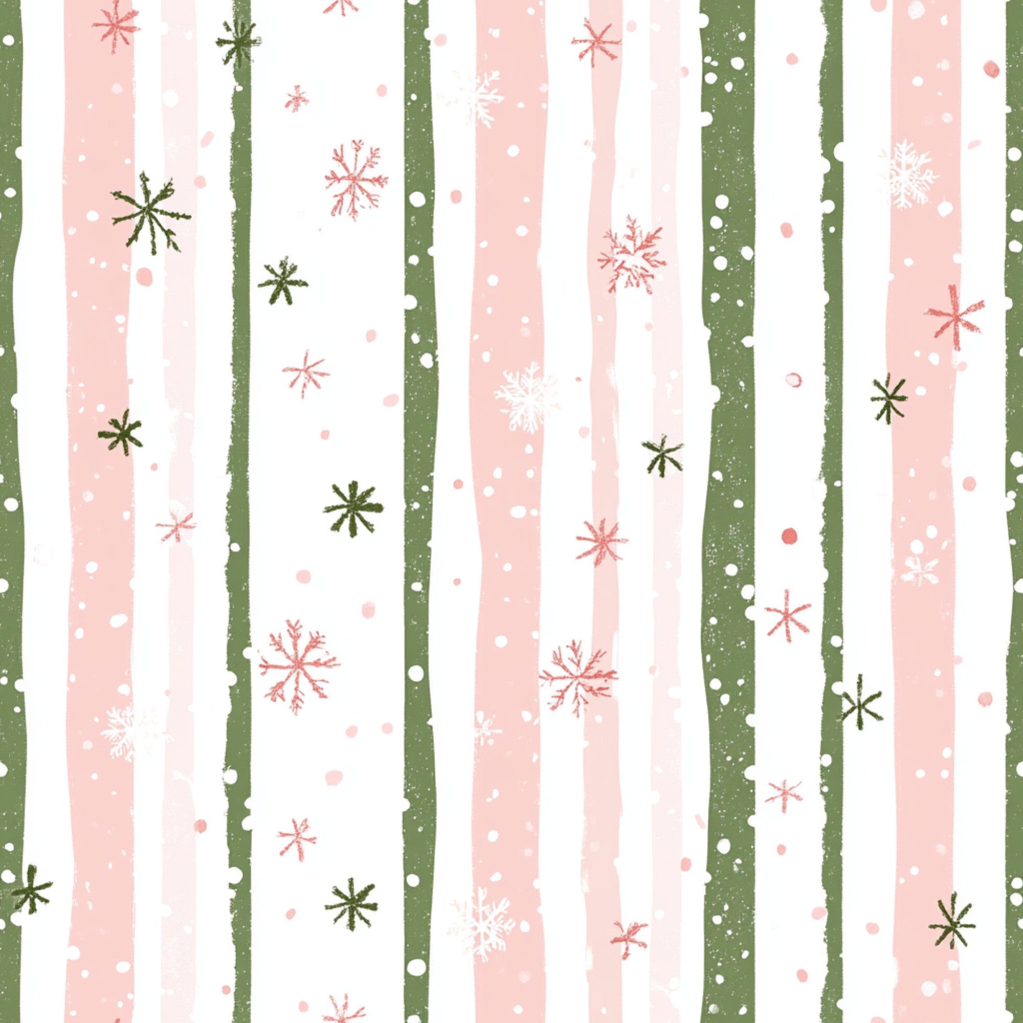 sweet pink, sage green, white, vertical stripes, snowflakes, winter motifs, polka dots,, fabric panel, christmas pattern, holiday design, festive snowflakes, soft pastels, winter wonderland, geometric snowflakes, striped background, seasonal fabric, cotton material, quilting supplies, holiday crafting