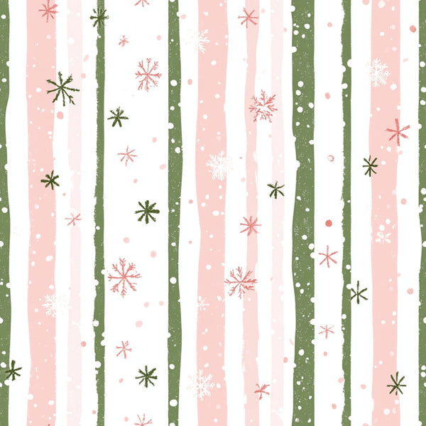 sweet pink, sage green, white, vertical stripes, snowflakes, winter motifs, polka dots,, fabric panel, christmas pattern, holiday design, festive snowflakes, soft pastels, winter wonderland, geometric snowflakes, striped background, seasonal fabric, cotton material, quilting supplies, holiday crafting