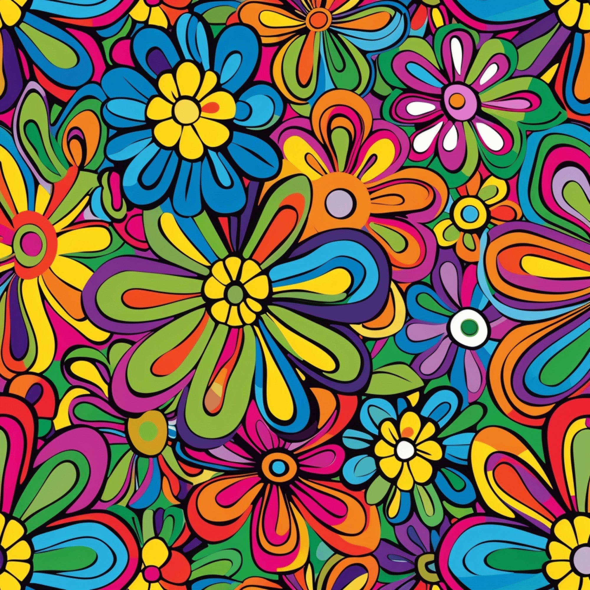 rainbow colors, hippie flowers, psychedelic pattern, vibrant blooms, retro florals, multicolored petals, groovy design, 1960s style, flower power, bright yellow, hot pink, electric blue, lime green, orange blossoms, purple flowers,, fabric panel, seamless repeat, bohemian motif, colorful daisies