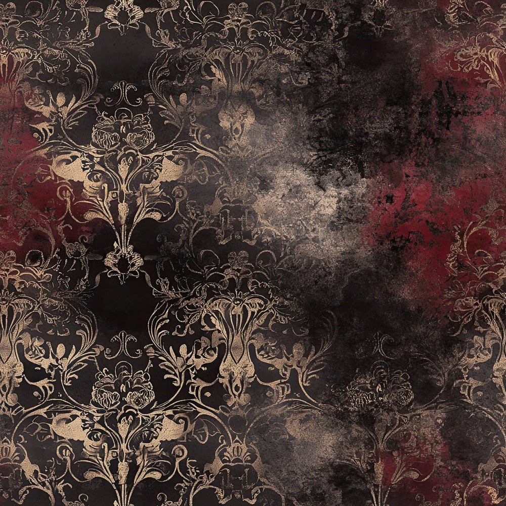 burgundy, deep red, charcoal black, gold, cream, damask, ornamental, baroque, vintage, elegant, gothic, distressed, grunge, traditional, luxe, ornate, scrollwork, floral damask, steampunk, dark romantic, Victorian, classic, sophisticated, moody, textured, antique, luxury, home decor, upholstery