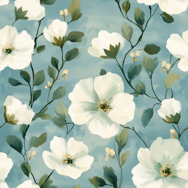 cornflower blue, white flowers, floral pattern, botanical design, green leaves, stems and branches, soft blue background, delicate blooms, nature motif,, fabric panel, watercolor style, gentle mood, spring flowers, scattered florals, organic shapes, pastel tones, feminine design, crafting material