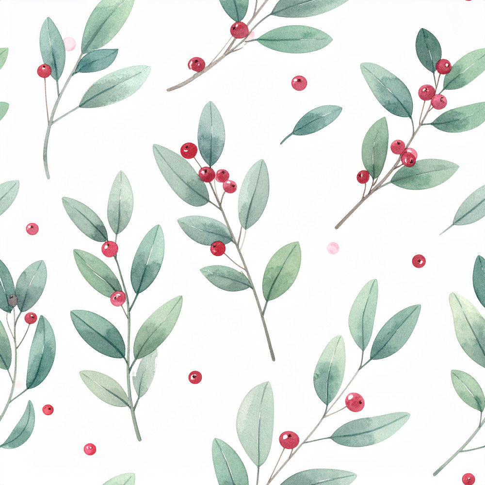 sage green, red berries, muted green, dusty rose, watercolor, botanical, nature, floral, berry branches, holiday, winter, christmas, elegant, whimsical, modern, natural, organic, leaf motifs, berry clusters, festive, soft aesthetic, peaceful, garden, foliage, delicate, feminine, nursery, baby, calming, seasonal