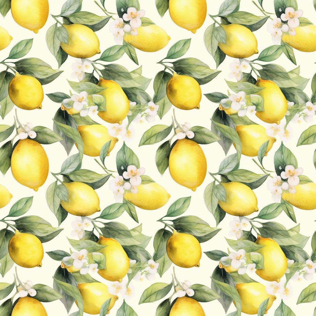 yellow lemons, green leaves, white flowers, cream background, citrus fruit, botanical pattern, repeating design, watercolor style, fresh spring,, fabric panel, floral elements, bright yellow, sage green, nature motif, garden theme, seamless repeat, artistic illustration, lemon blossoms, citrus grove