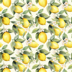 yellow lemons, green leaves, white flowers, cream background, citrus fruit, botanical pattern, repeating design, watercolor style, fresh spring,, fabric panel, floral elements, bright yellow, sage green, nature motif, garden theme, seamless repeat, artistic illustration, lemon blossoms, citrus grove