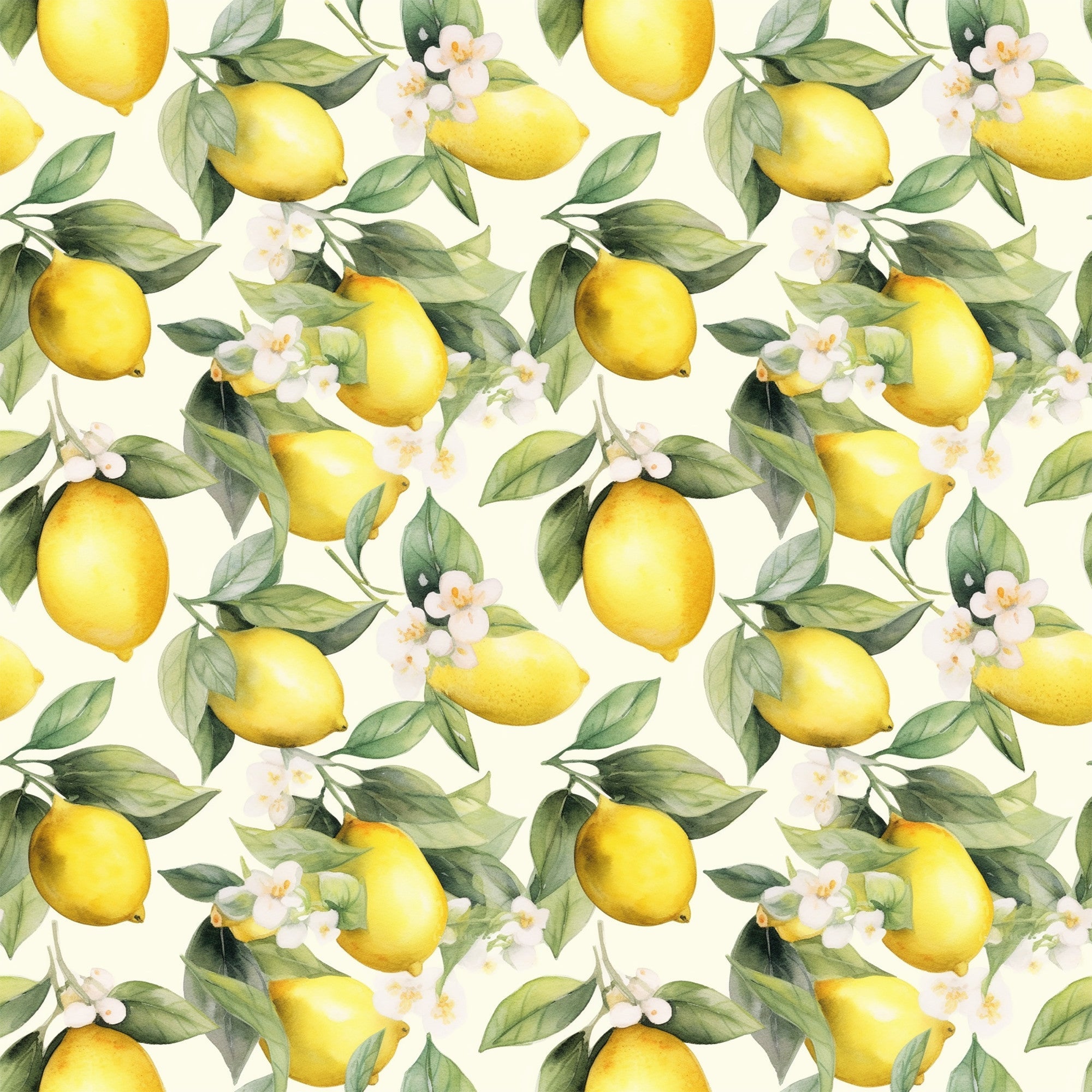 yellow lemons, green leaves, white flowers, cream background, citrus fruit, botanical pattern, repeating design, watercolor style, fresh spring,, fabric panel, floral elements, bright yellow, sage green, nature motif, garden theme, seamless repeat, artistic illustration, lemon blossoms, citrus grove