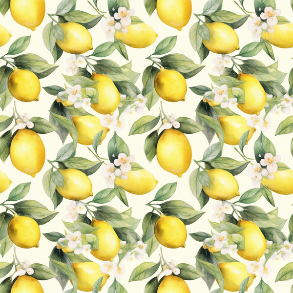 yellow lemons, green leaves, white flowers, cream background, citrus fruit, botanical pattern, repeating design, watercolor style, fresh spring,, fabric panel, floral elements, bright yellow, sage green, nature motif, garden theme, seamless repeat, artistic illustration, lemon blossoms, citrus grove