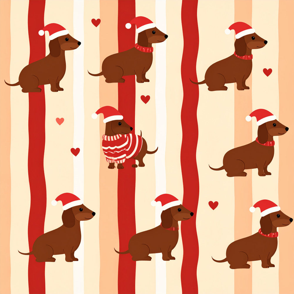 christmas dachshund, holiday dachshund, festive dog, red and cream striped, warm cream, burnt orange, holiday red, striped pattern, dog theme, animal motif, christmas hat, santa hat, hearts, festive hearts, holiday season, christmas time, whimsical style, playful design, kids room, nursery decor, baby shower, children's theme, dachshund lover, weiner dog, puppy print, cheerful holiday, warm festive colors, seasonal decoration
