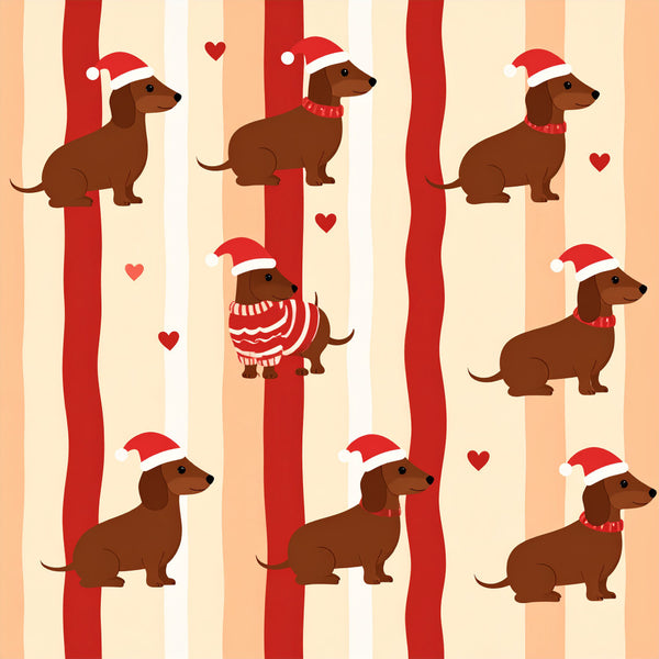 christmas dachshund, holiday dachshund, festive dog, red and cream striped, warm cream, burnt orange, holiday red, striped pattern, dog theme, animal motif, christmas hat, santa hat, hearts, festive hearts, holiday season, christmas time, whimsical style, playful design, kids room, nursery decor, baby shower, children's theme, dachshund lover, weiner dog, puppy print, cheerful holiday, warm festive colors, seasonal decoration