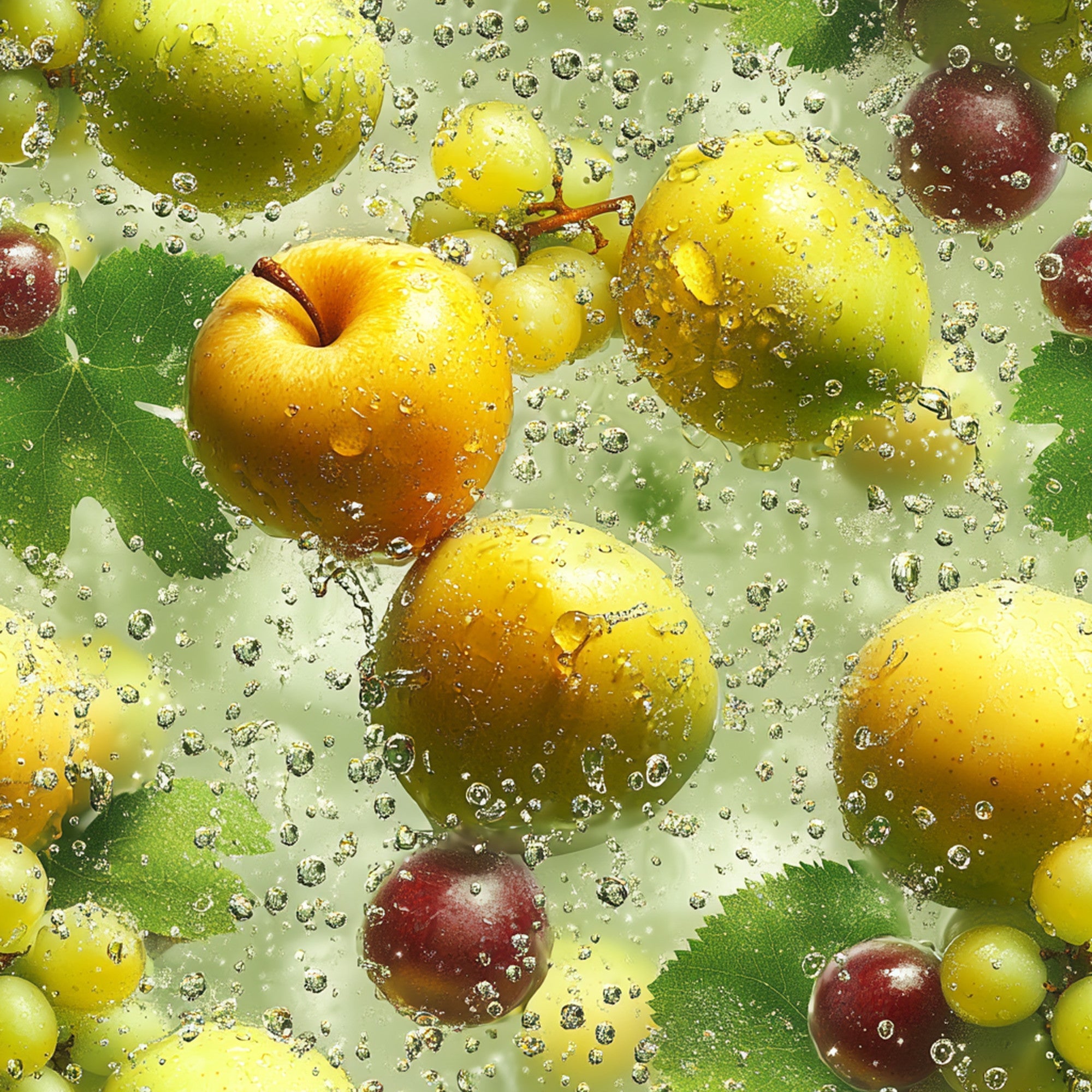 fresh fruits, yellow apples, red cherries, green grapes, water bubbles, splashing water, vibrant colors, realistic photography, juicy fruits, water droplets, green leaves, fruit pattern,, fabric panel, refreshing theme, summer fruits, wet texture, crisp imagery, food motifs, nature design